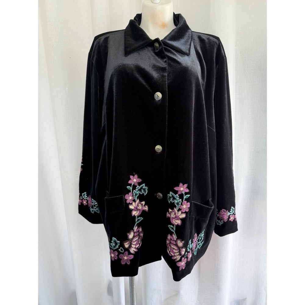 Whimsygoth Black Velvet Jacket‎ Size 36 Floral Embroidery Artsy Bohemian